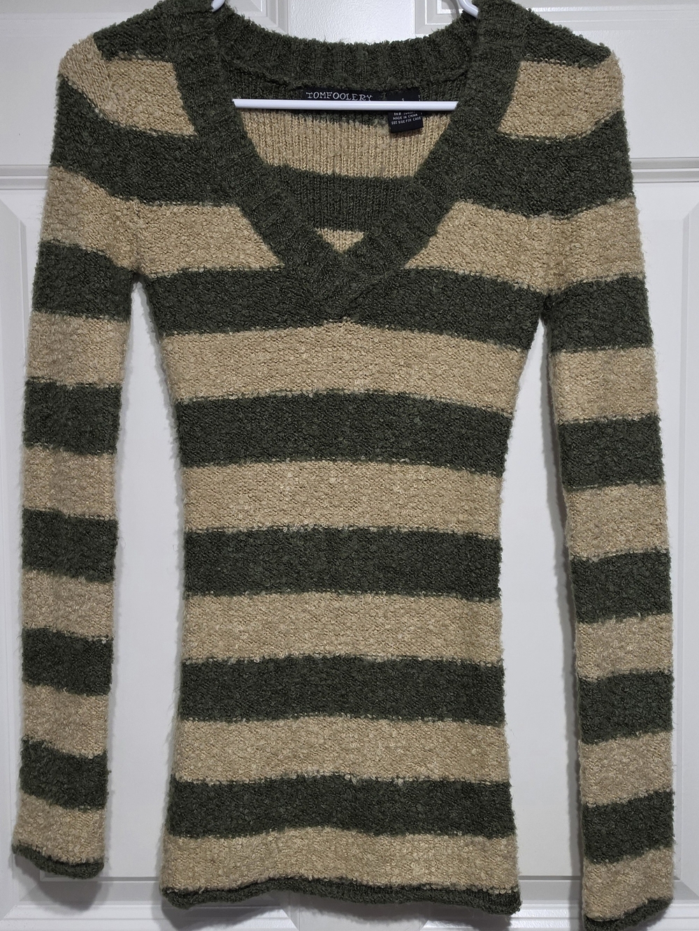 Vintage Tomfoolery Olive & Sand Striped V-Neck Sweater